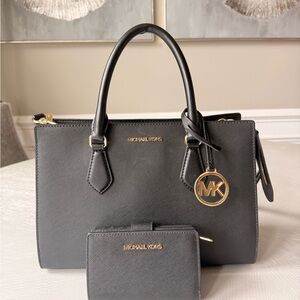 Michael Kors Black Saffiano Leather Satchel with Gold Hardware and Wallet